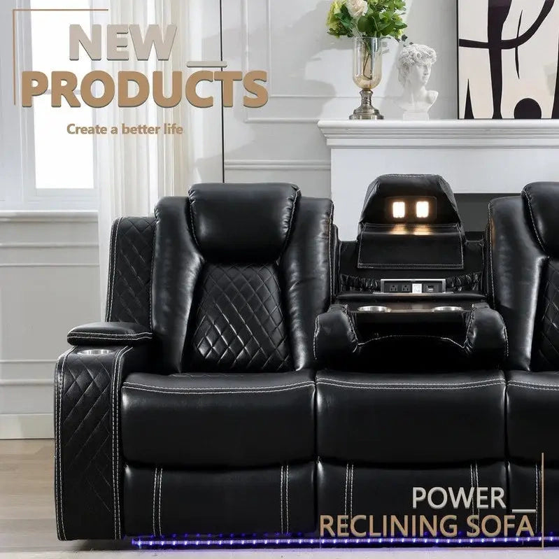 Power Reclining Sofa With Wireless Charger, Reading Light For Living Room, Faux Leather LED Light, AC/USB Port, Cup Holder, Black