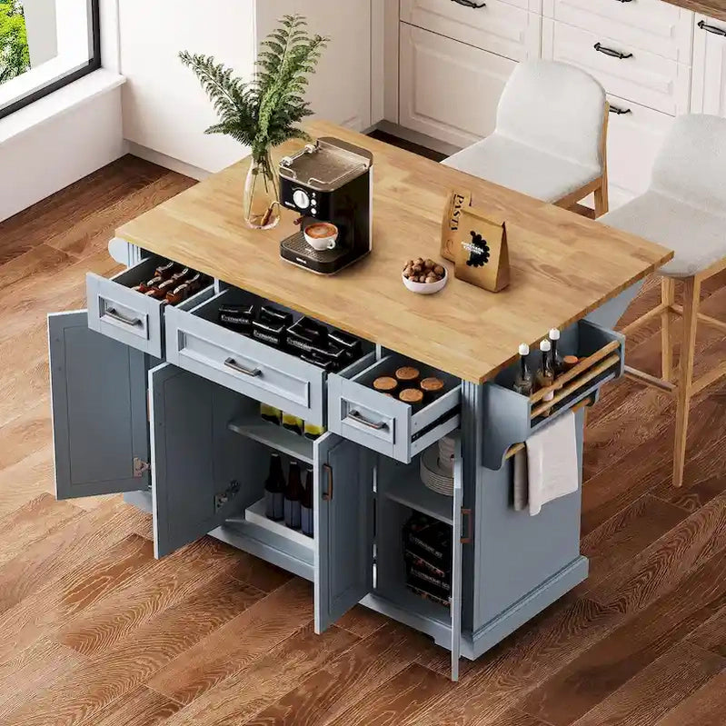 54 Large Kitchen Island With Rubber Wood Drop Leaf, Embossed Texture Rolling Kitchen Cart On 4 Wheels With 4 Doors And 3 Drawers