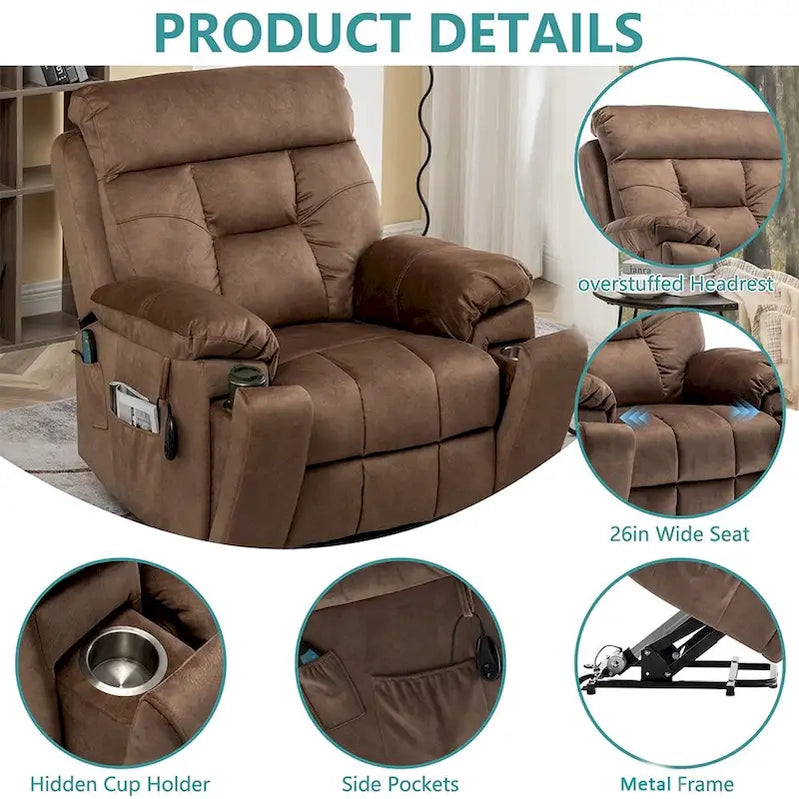 Large Electric Massage Lift Recliner With Heat, Hidden Cup Holder