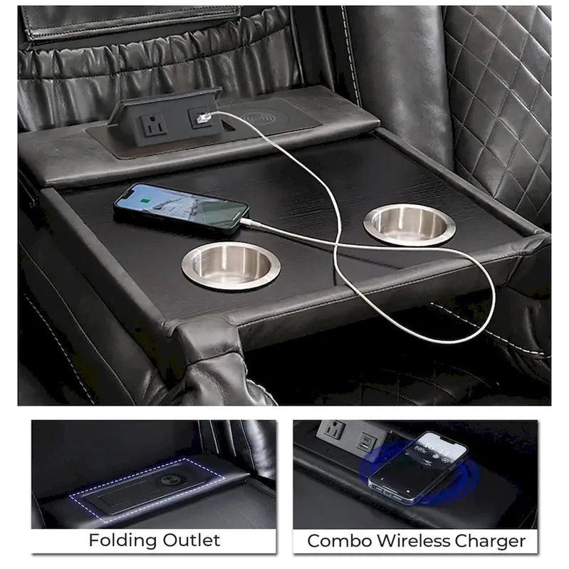 Power Reclining Sofa With Wireless Charger, Reading Light For Living Room, Faux Leather LED Light, AC/USB Port, Cup Holder, Black