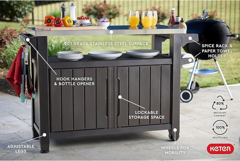 Keter Outdoor Rolling Table Cart For Food Prep, Storage, Bar And Grill, Dark Brown