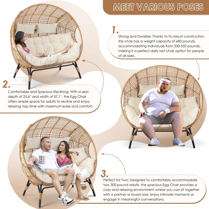 Radiata Double Egg Chair For 2 Person, Oversized Wicker Loveseat With Thick Cushions, 680 Lbs Capacity