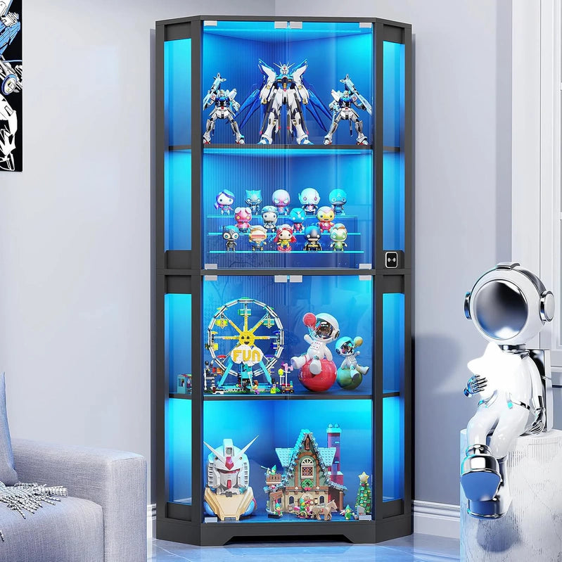 Corner Display Cabinet With Glass Doors, 65 In. Lighted Curio Cabinet With 3 Color Lights