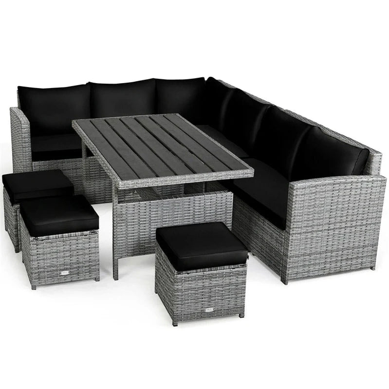 7 Pcs Rattan Patio Dining Furniture Sectional Sofa Set With Dining Table, Ottomans And Cushions