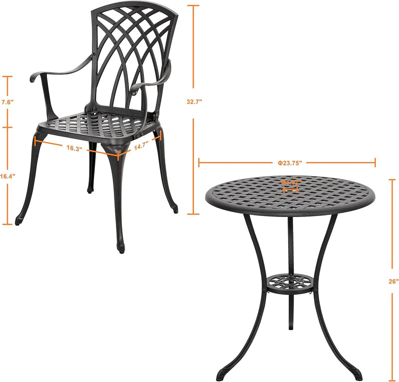 Nuu Garden Bistro Set 3 Piece Outdoor Cast Aluminum Patio Bistro Set Patio Table And Chairs Set Of 2 With Umbrella Hole And Gray Cushions, Black