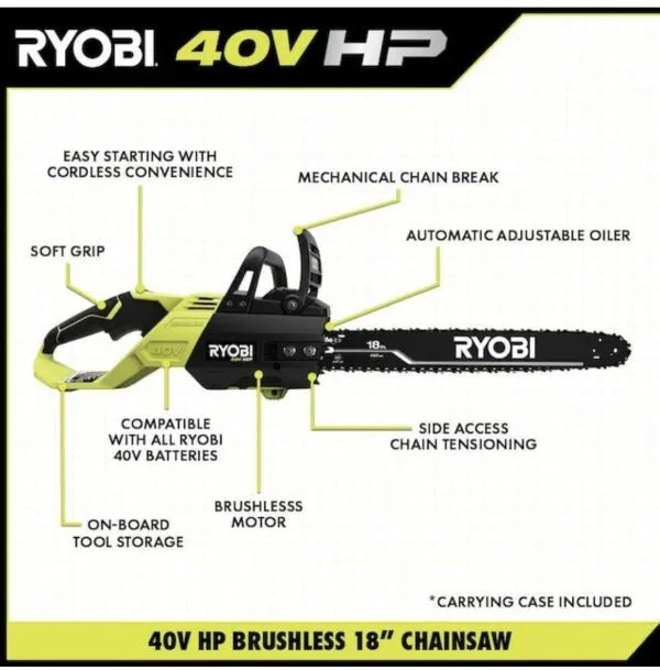 Ryobi 18 In. 40V Cordless Chainsaw Kit With Battery And Charger, Green