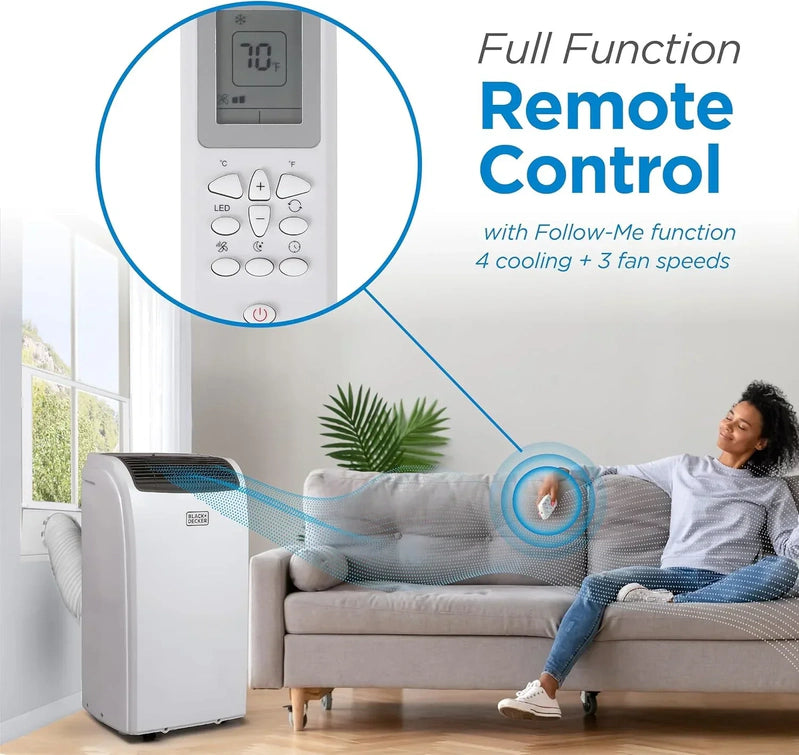 Black Plus Decker 10,000 BTU Portable Air Conditioner For Rooms Up To 450 Sq With Remote Control
