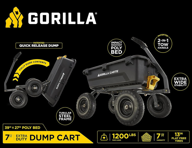 7GCG-NF Heavy-Duty Poly Dump Garden Cart With No-Flat Tires, 7 Cu. Ft., 1200-Pound Capacity, Black