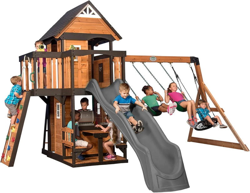 Backyard Discovery Canyon Creek Cedar Wood Swing Set With Wave Slide, Clubhouse, Play Kitchen, Picnic Area, Belt Swings, Web Swing, Rock Wall