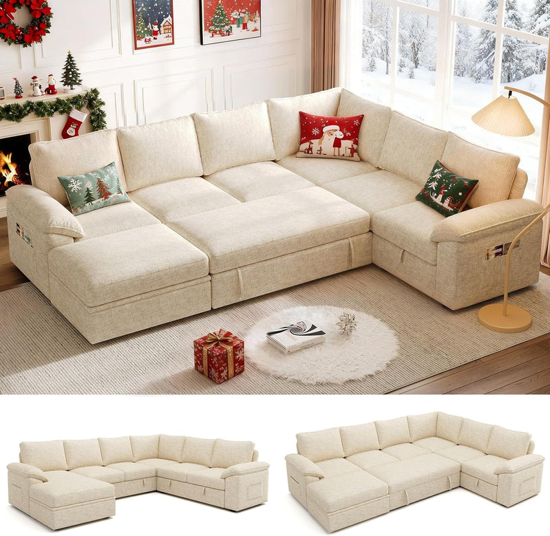 108 In. Sectional Sleeper Sofa With Pull Out Bed, U Shaped 7 Seat Modular Sectional Sofa