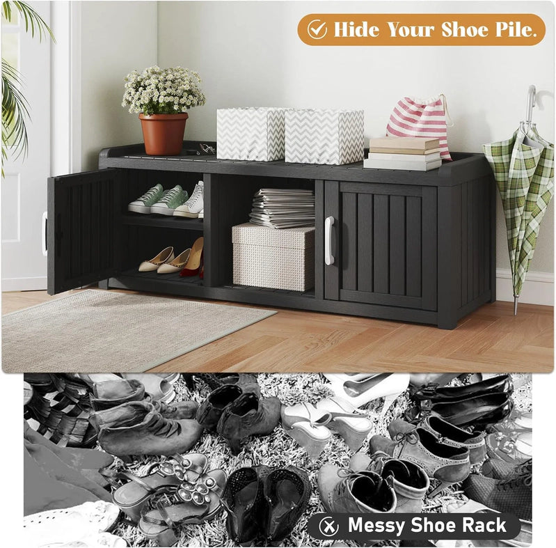 Kamaboko Outdoor Shoe Storage Cabinet, Waterproof UV-Resistant Entryway Storage Bench Indoor Outdoor With 2 Barn Doors