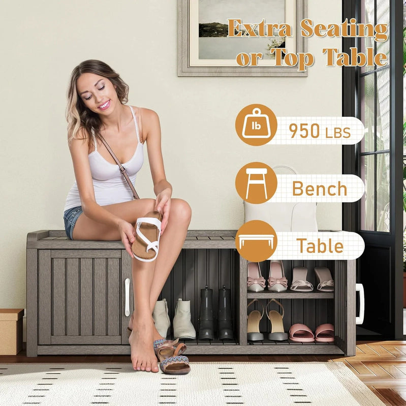 Kamaboko Outdoor Shoe Storage Cabinet, Waterproof UV-Resistant Entryway Storage Bench Indoor Outdoor With 2 Barn Doors