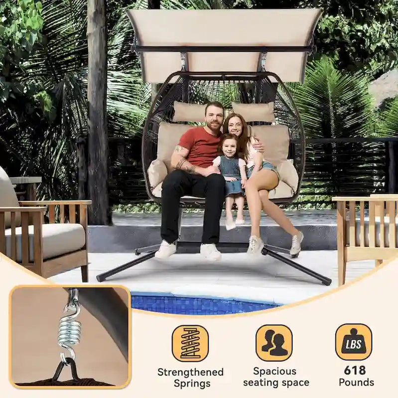 Outdoor Swing Loveseat With Stand, Foldable Hanging Chair, Hammock Cushion, And Awning, Double Egg Chair, Beige