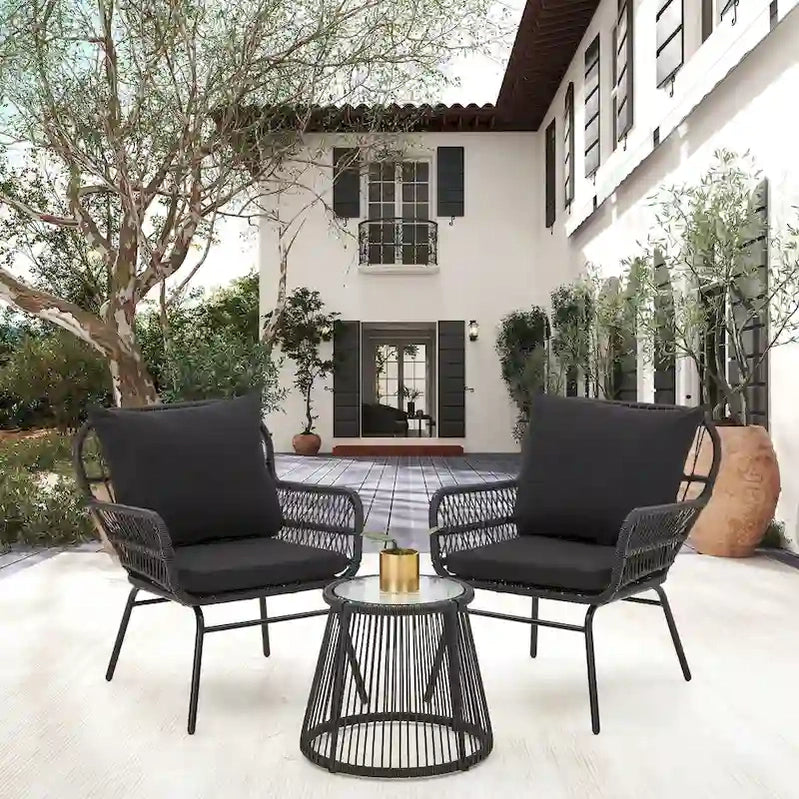 3-Piece Patio Conversation Bistro Set, Outdoor Rattan Furniture Set With Glass Table And 2 Wide Armchairs, Seat Cushions