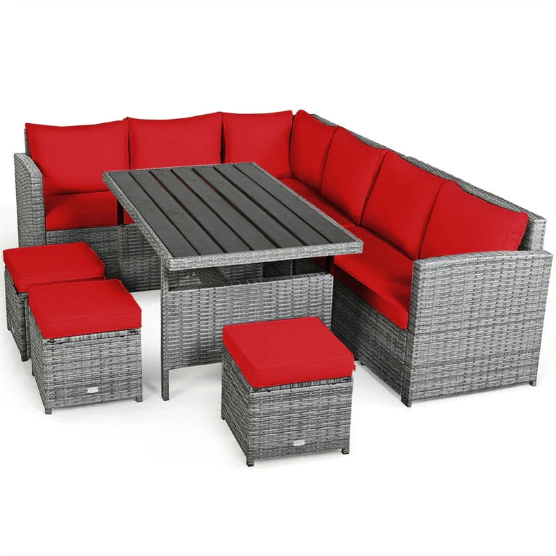 7 Pcs Rattan Patio Dining Furniture Sectional Sofa Set With Dining Table, Ottomans And Cushions