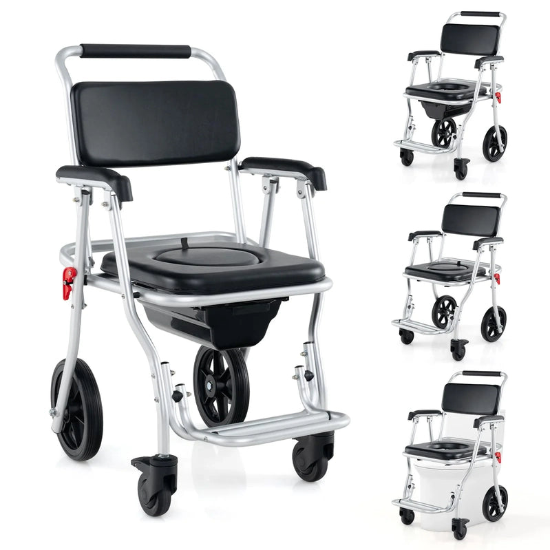 4-in-1 Shower Commode Wheelchair, 330lbs Foldable Bedside Commode Chair For Toilet With Arms
