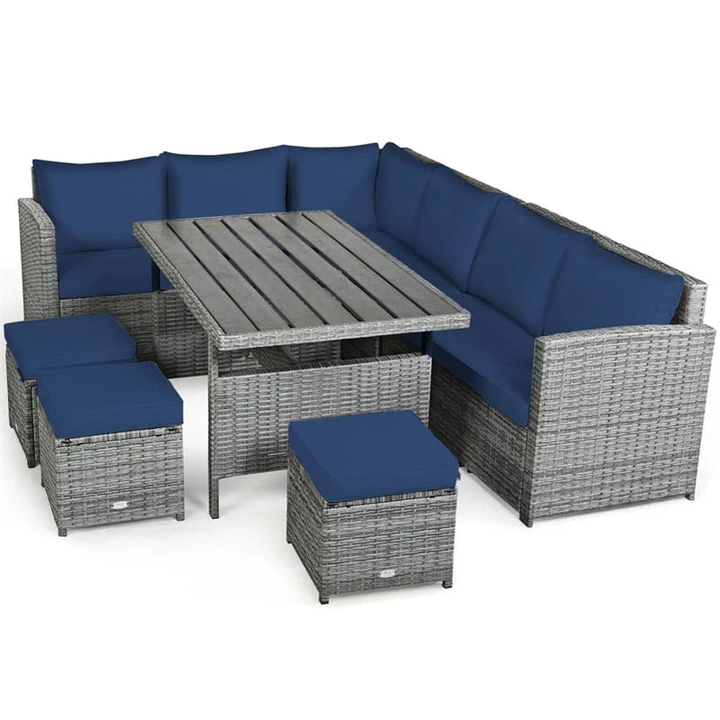 7 Pcs Rattan Patio Dining Furniture Sectional Sofa Set With Dining Table, Ottomans And Cushions