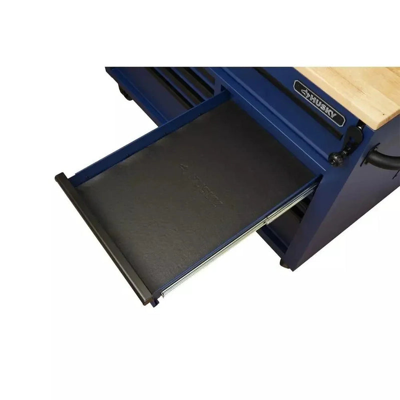 Heavy-Duty 52 In. 9-Drawer Mobile Workbench With Adjustable-Height Solid Wood Top In Matte Blue