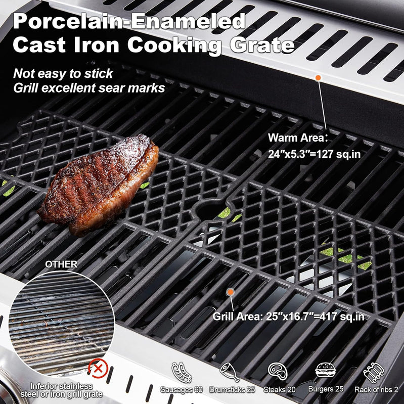 Upgraded 4 Burner Bbq Propane Gas Grill With Cast Iron Grates And Side Stove, 44,000 BTU Stainless Steel Burner Barbecue Grill For Patio