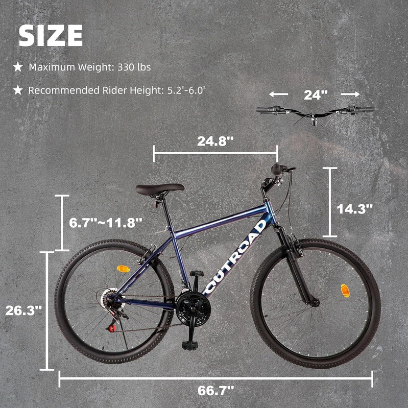 Outroad 26 In. Mountain Bike, 21-Speed/High-Carbon Steel/Aviation Grade Frame, Dual Disc/V Brake