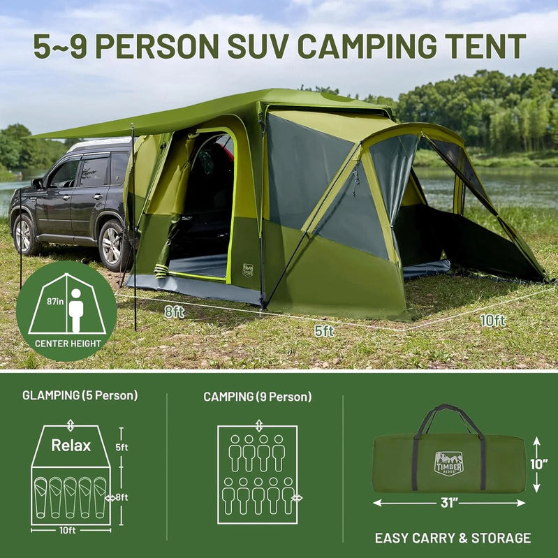 Timber Ridge 5-9 Person SUV Tent With Screen Porch And Awning For Family Camping, Weather Resistant And Portable Van Or Car Tent