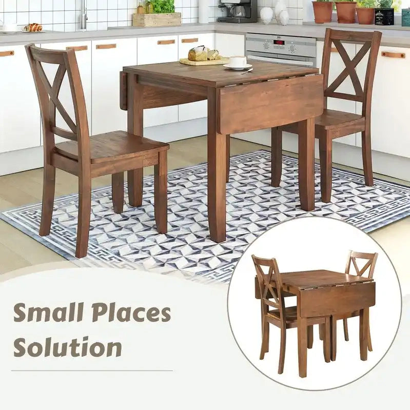 3-Piece Wood Drop Leaf Breakfast Nook Dining Table Set With 2 x-Back Chairs For Small Places