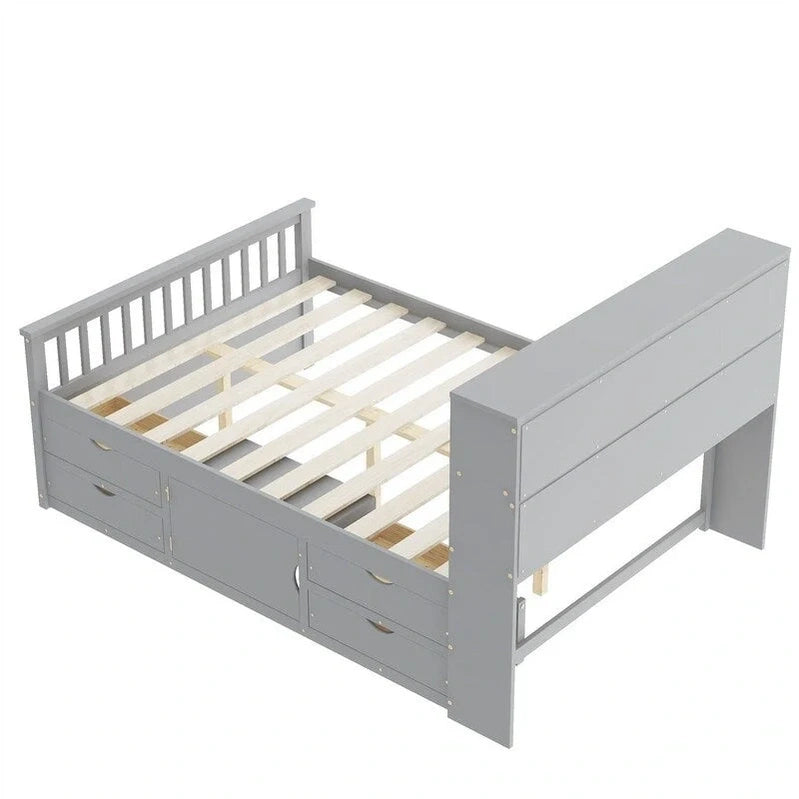 Twin/Full Size Captain Platform Bed With 4 Drawers And Storage Shelves, Solid Wood Bed Frame With Storage Bookcase Headboard
