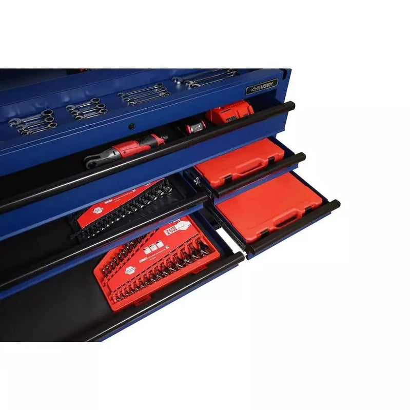 Heavy-Duty 52 In. 9-Drawer Mobile Workbench With Adjustable-Height Solid Wood Top In Matte Blue