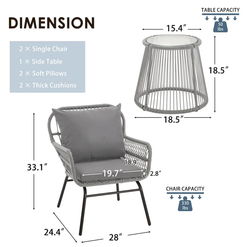3-Piece Patio Conversation Bistro Set, Outdoor Rattan Furniture Set With Glass Table And 2 Wide Armchairs, Seat Cushions