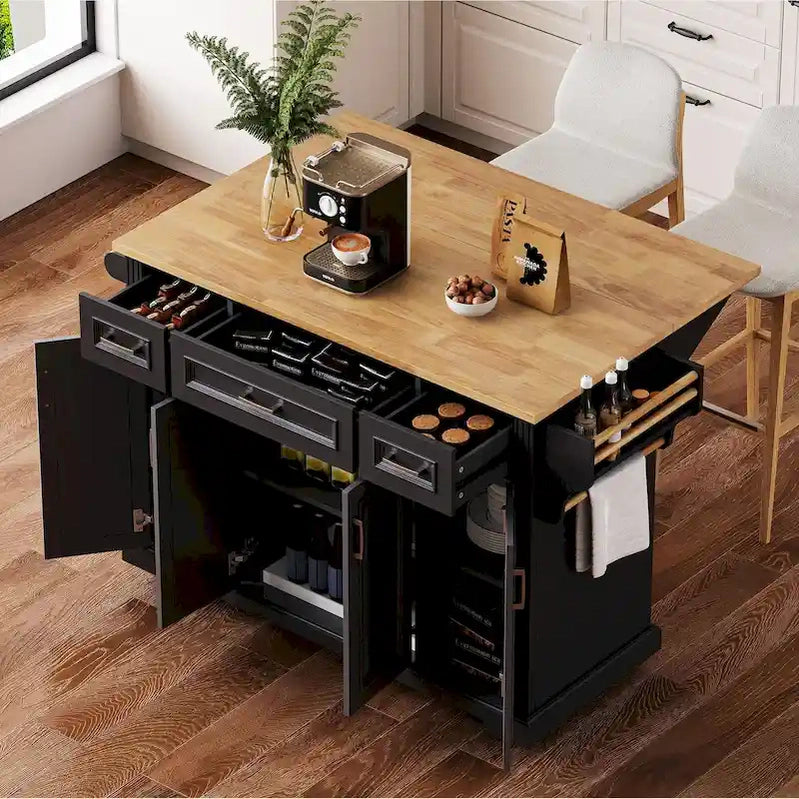 54 Large Kitchen Island With Rubber Wood Drop Leaf, Embossed Texture Rolling Kitchen Cart On 4 Wheels With 4 Doors And 3 Drawers