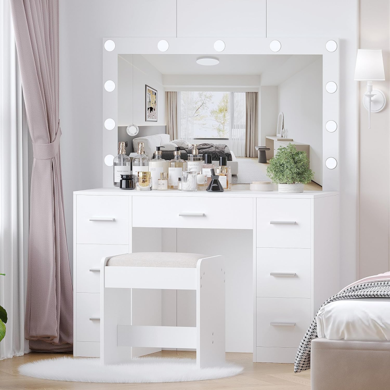 Vanity Desk With Stool, Makeup Table With Lighted Mirror, 3 Color Lighting Modes, Brightness Adjustable, Dressing Table