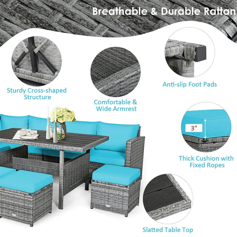 7 Pcs Rattan Patio Dining Furniture Sectional Sofa Set With Dining Table, Ottomans And Cushions