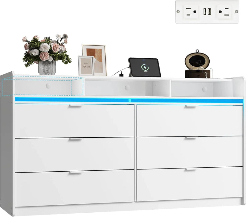 9 Drawer LED Dresser For Bedroom, 58.35 In. Wide Wood Dresser Storage Organizer With Power Outlets For 65 In. TV, Dressers With Open Shelves