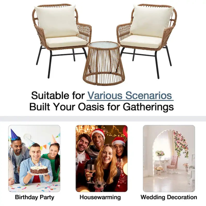 3-Piece Patio Conversation Bistro Set, Outdoor Rattan Furniture Set With Glass Table And 2 Wide Armchairs, Seat Cushions