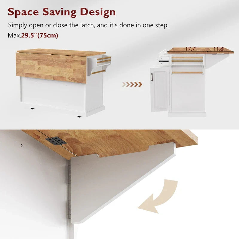 Large Kitchen Island With Wood Drop Leaf, Embossed Texture Rolling Kitchen Cart wDoors And Drawers wStorage For Kitchen, White