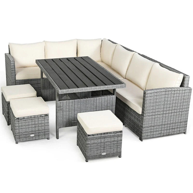 7 Pcs Rattan Patio Dining Furniture Sectional Sofa Set With Dining Table, Ottomans And Cushions
