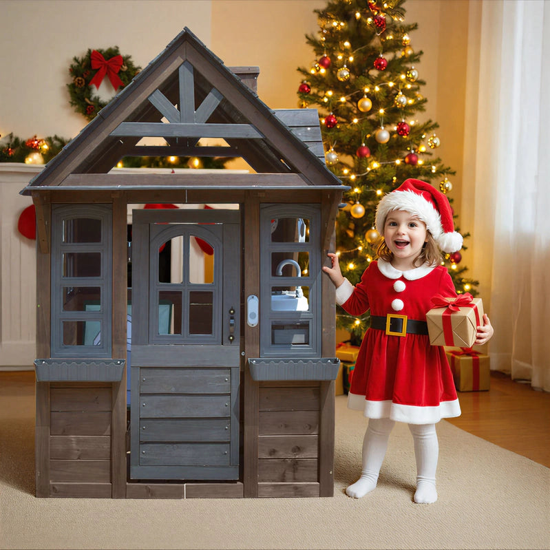 Coclub Outdoor Playhouse For Kids Ages 4-8, Wooden Play House With Doorbell, Phone, Kitchen Toys, Outdoor Kids Play Equipment, Casa Para Ni As