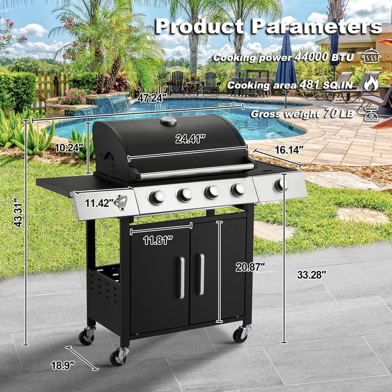Upgraded 4 Burner Bbq Propane Gas Grill With Cast Iron Grates And Side Stove, 44,000 BTU Stainless Steel Burner Barbecue Grill For Patio