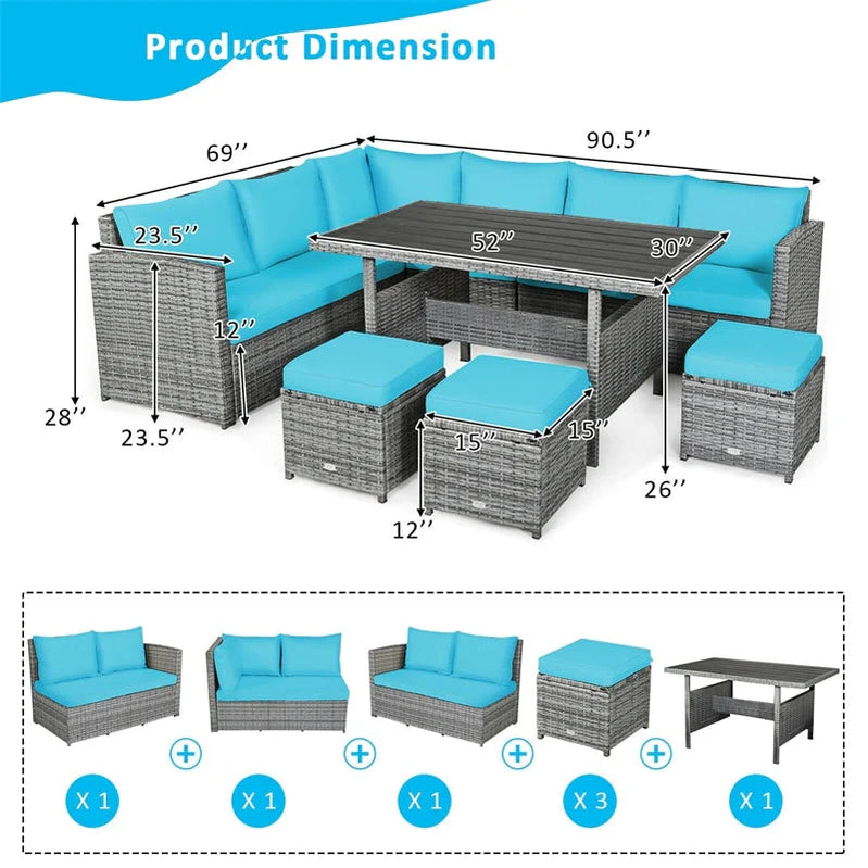 7 Pcs Rattan Patio Dining Furniture Sectional Sofa Set With Dining Table, Ottomans And Cushions