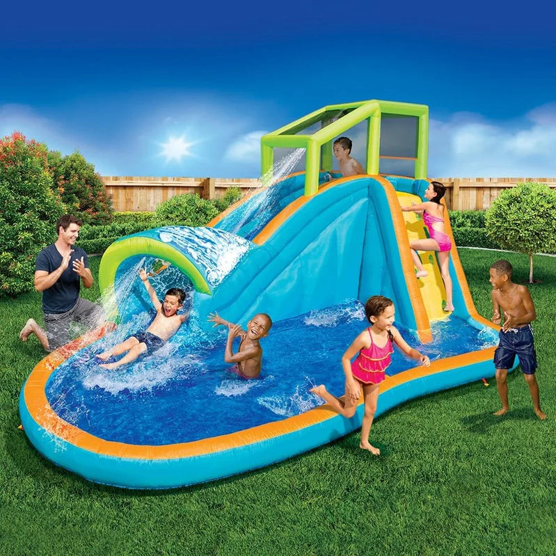 Banzai Inflatable Water Slide, Huge Kids Pool, 14 Ft. Long By 8 Ft. High With Built In Sprinkler Wave And Water Wall, Heavy Duty Summer Outdoor Fun