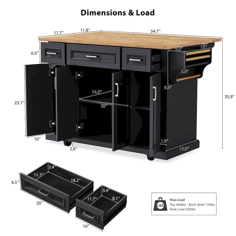 54 Large Kitchen Island With Rubber Wood Drop Leaf, Embossed Texture Rolling Kitchen Cart On 4 Wheels With 4 Doors And 3 Drawers