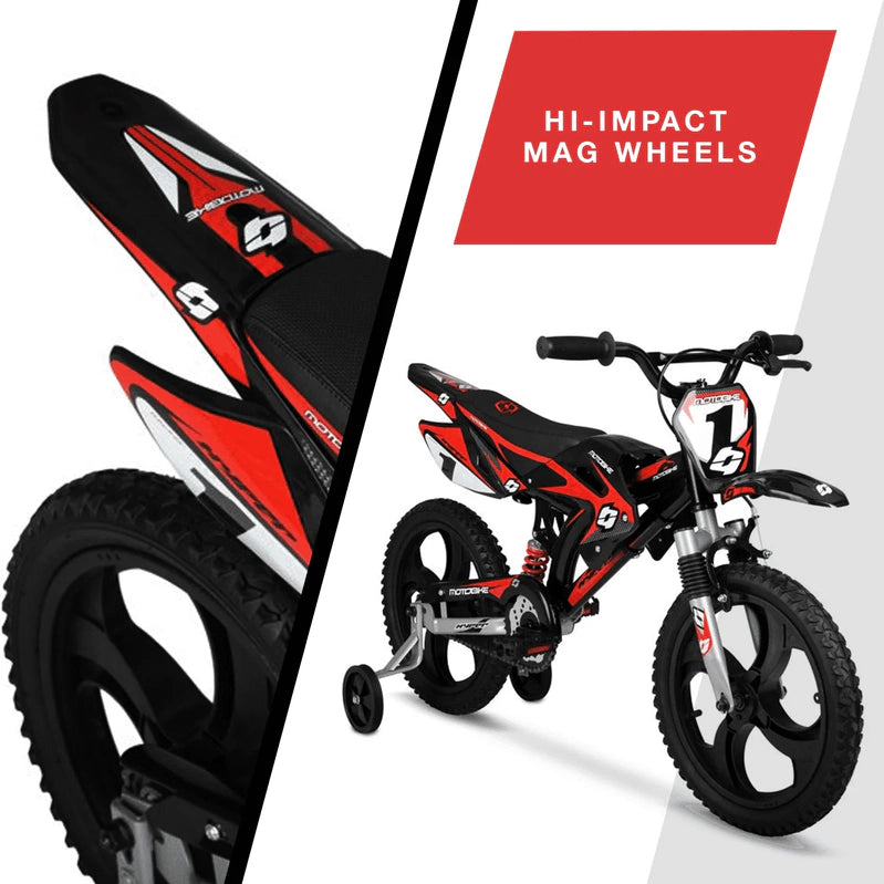 Hyper Bicycles 16 In. Kids Motobike With Mag Wheels, Including Training Wheels, Black/Red