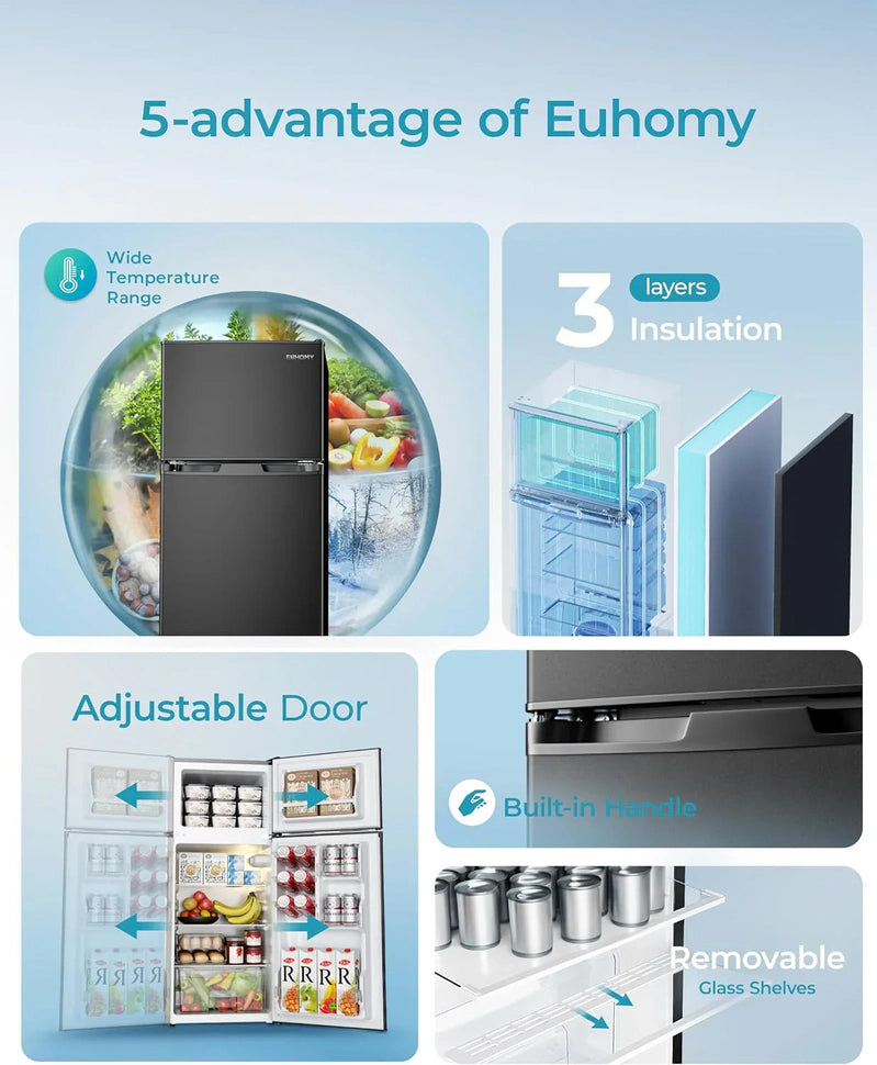 Euhomy 3.2 Cu. Ft. Mini Fridge With Freezer 2-Door Compact Refrigerator For Bedroom, Dorm, Office Or Apartment, Silver