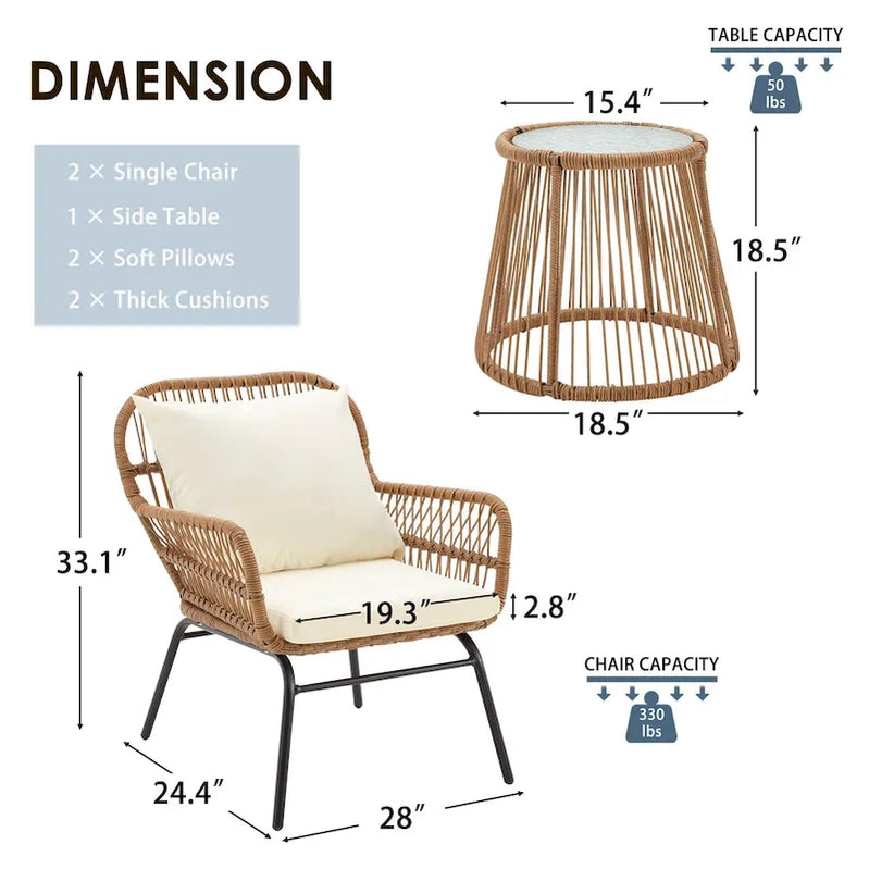 3-Piece Patio Conversation Bistro Set, Outdoor Rattan Furniture Set With Glass Table And 2 Wide Armchairs, Seat Cushions