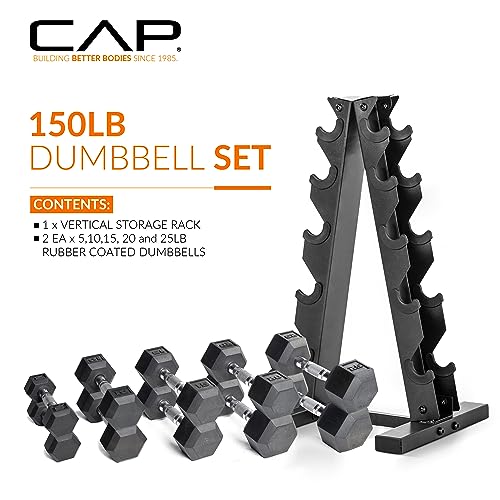 Cap Barbell 150 Lb Coated Hex Dumbbell Weight Set With Vertical Rack, Black