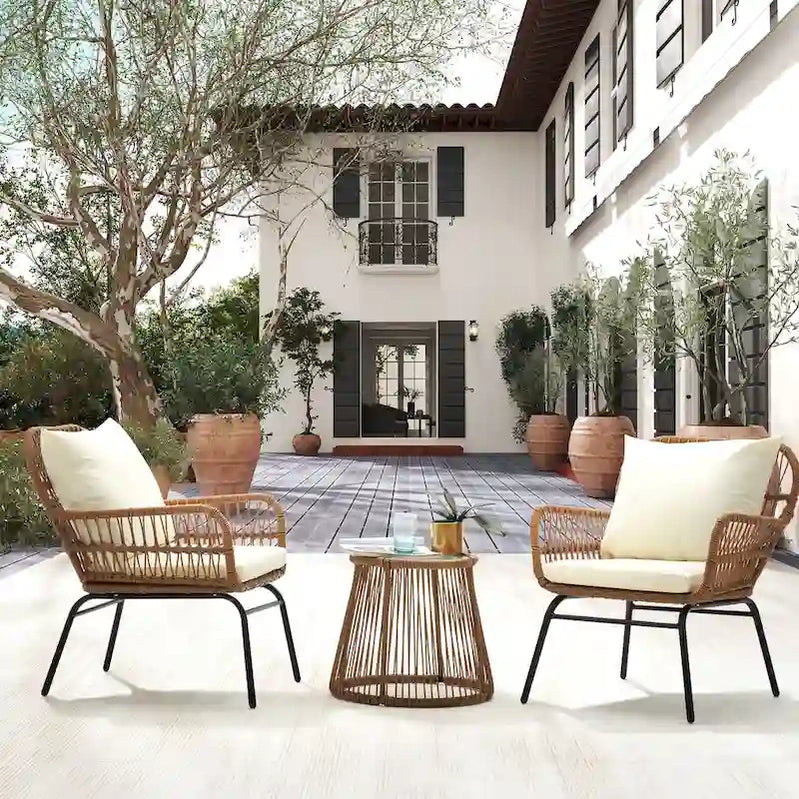 3-Piece Patio Conversation Bistro Set, Outdoor Rattan Furniture Set With Glass Table And 2 Wide Armchairs, Seat Cushions