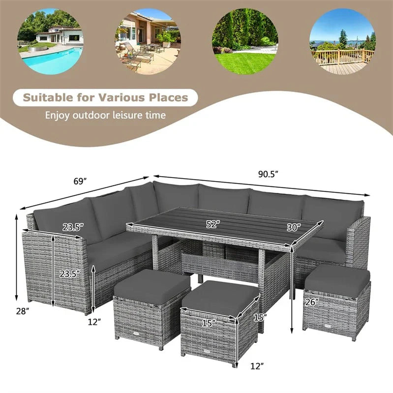 7 Pcs Rattan Patio Dining Furniture Sectional Sofa Set With Dining Table, Ottomans And Cushions