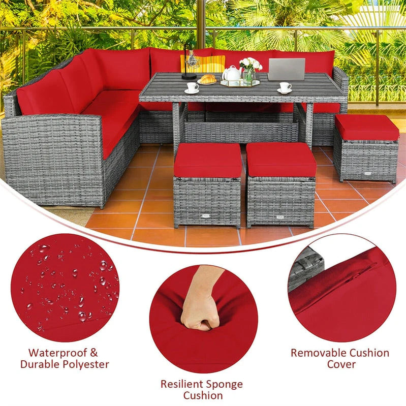 7 Pcs Rattan Patio Dining Furniture Sectional Sofa Set With Dining Table, Ottomans And Cushions
