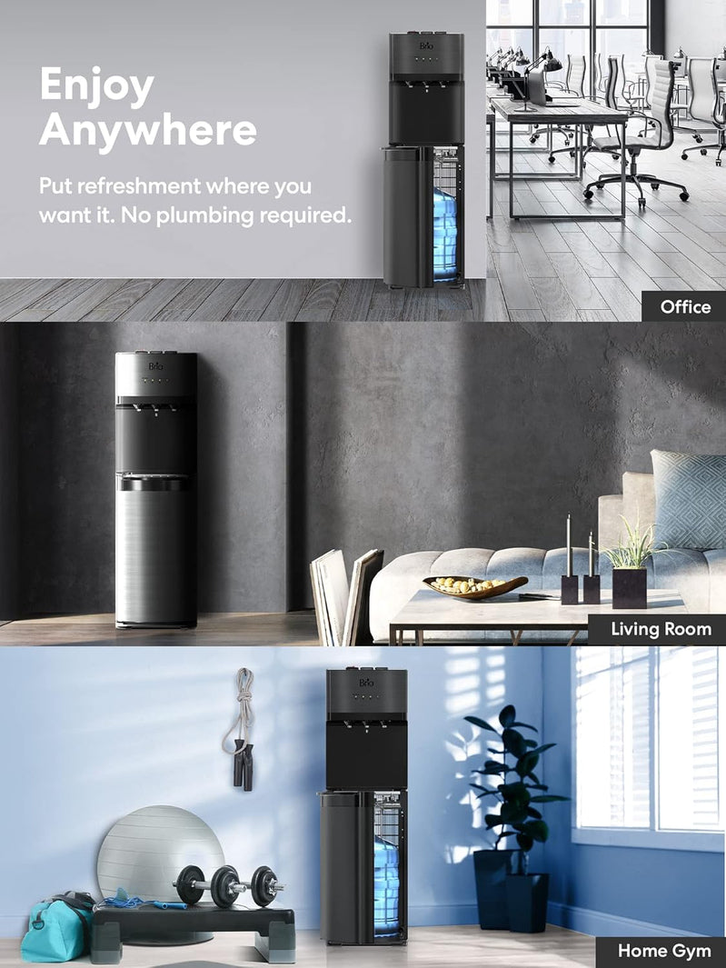 Self Cleaning Bottom Loading Water Cooler Water Dispenser Black Stainless Steel, 3 Temperature Settings, Hot, Room And Cold Water