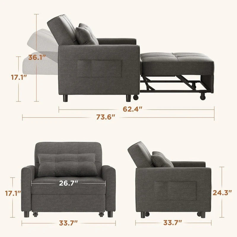 3-in-1 Adjustable Sleeper Sofa Bed, Pull Out Chair Sofa, Convertible Folding Bed For Living Room